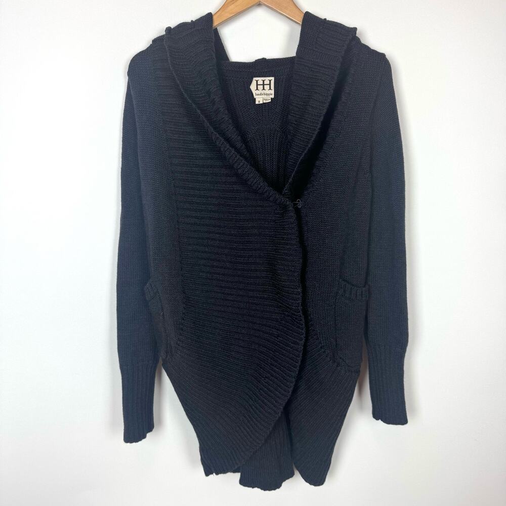 HAUTE HIPPIE Long Sleeve Knit Hooded Boho Cardigan Black Size Small